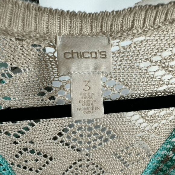 Chicos XL Open Knit Duster Cardigan Spring Summer Teal Mix Fringe Boho Size 3 - Picture 7 of 10
